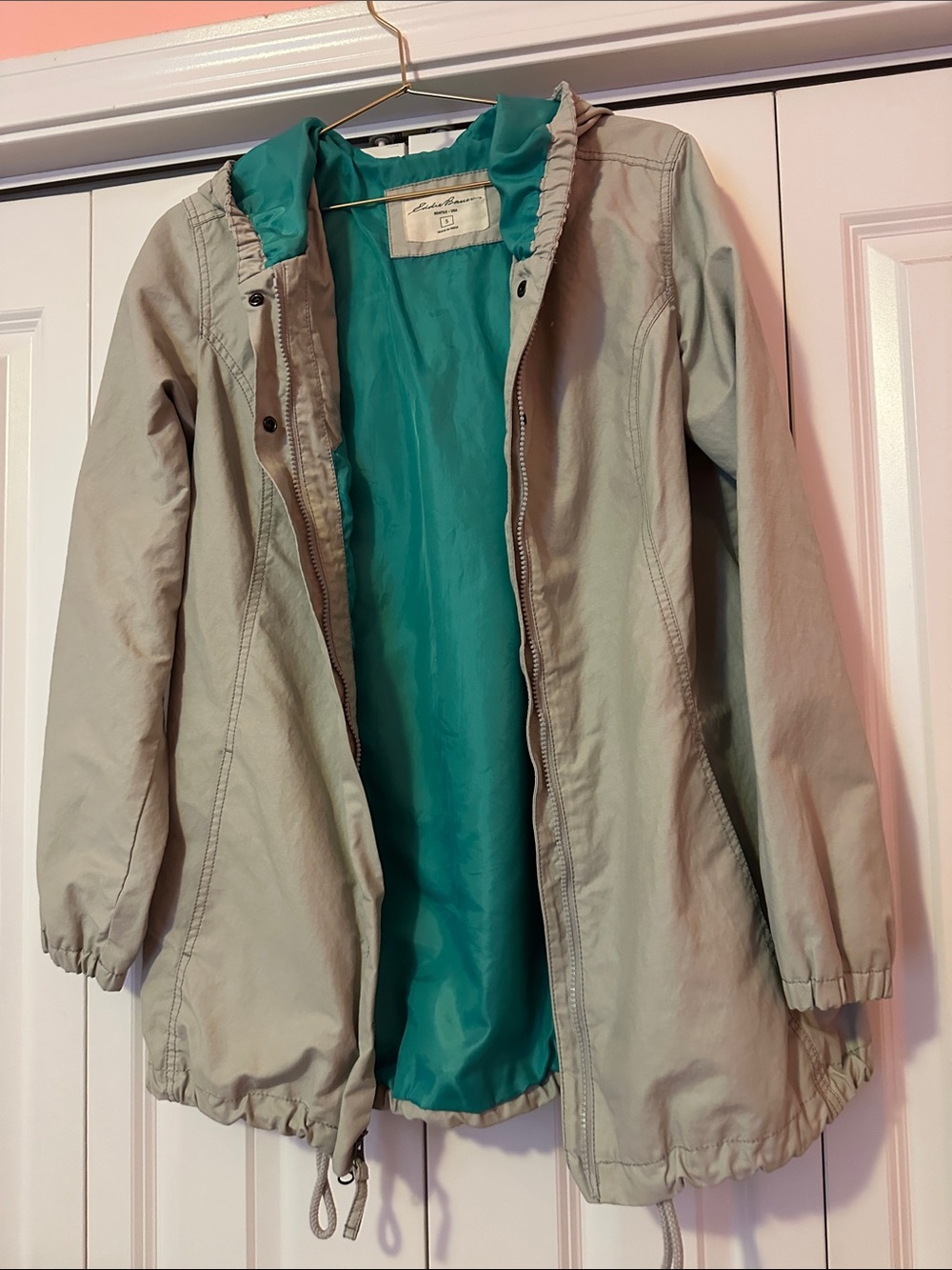 Eddie Bauer Light Gray Kids Hooded Raincoat with Teal Lining